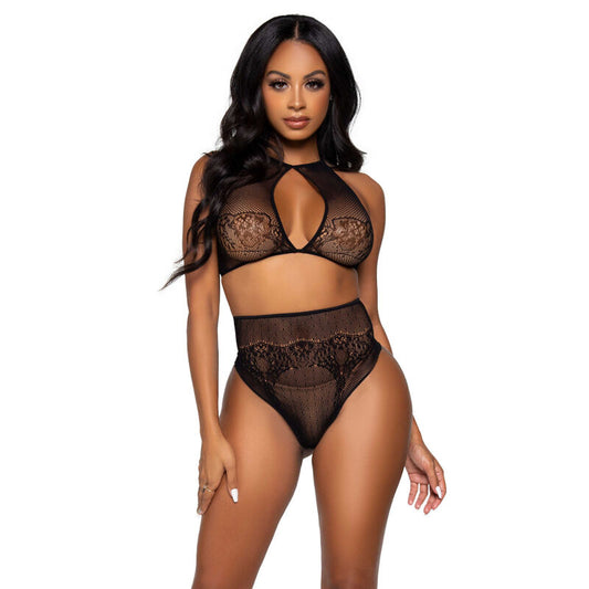 LEG AVENUE - CONJUNTO DE DOS PIEZAS, top corto con cuello halter y braguita tipo tanga, talla única