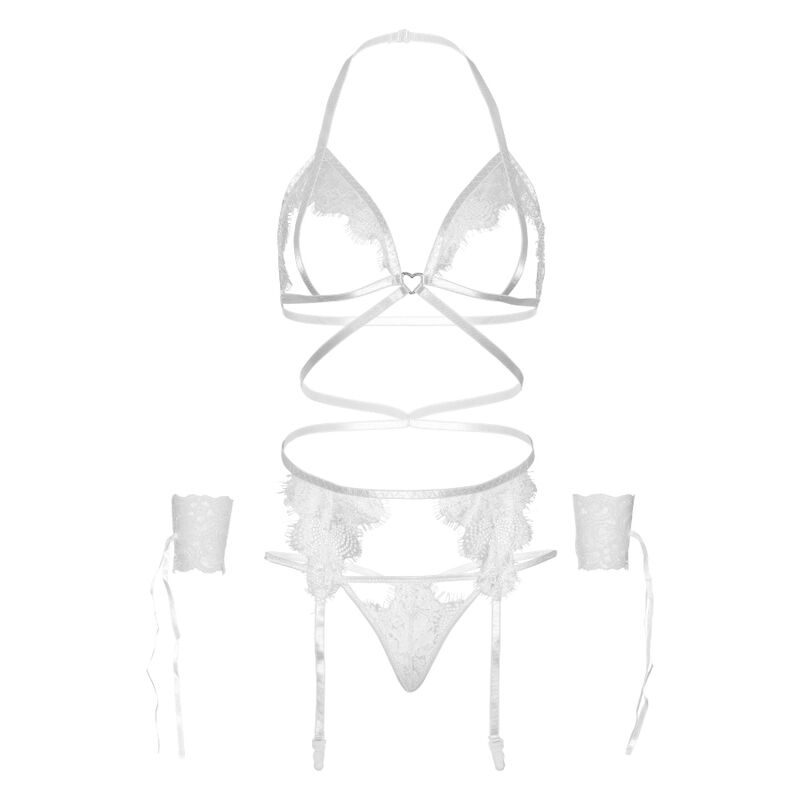 LEG AVENUE - FOUR-PIECE SET BRA, G-STRING, GARTER BELT AND WRIST CUFFS, ONE SIZE - BLACK
