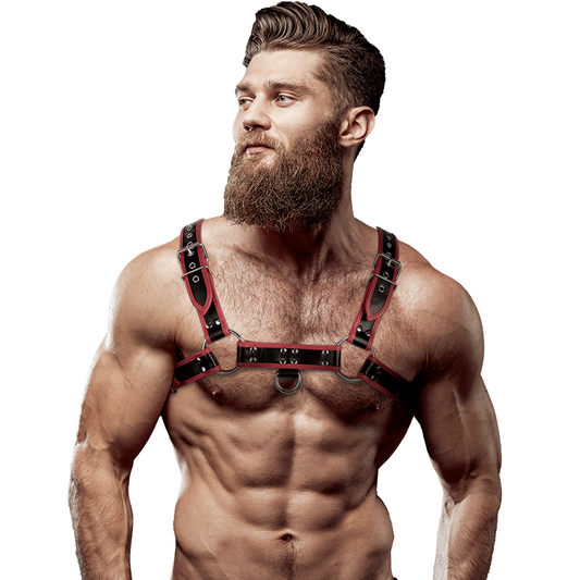 ACTITUD SUMISA FETISH - ARNÉS DE PECHO DE CUERO ECOLÓGICO PARA HOMBRE NEGRO/ROJO