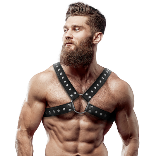 FETISH SUBMISSIVE ATTITUDE - CROSSOVER CHEST HARNESS MADE OF ECO-LEATHER FOR MEN WITH STUDDED
