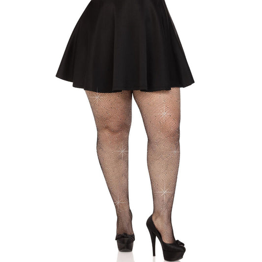 LEG AVENUE - MEDIAS DE RED CON CRISTALIZACIÓN, NEGRAS, TALLA GRANDE