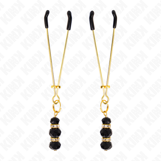 KINK - PINZAS PARA PEZONES FINAS DORADAS CON 3 PERLAS DE VIDRIO NEGRAS DE 7 CM