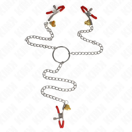 KINK - BELL PINZAS PARA PEZONES Y CLÍTORIS DE 3 VÍAS ROJAS CON CADENA 30 CM