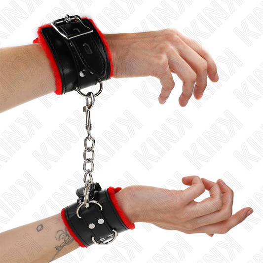 KINK - FUR-LINED WRIST CUFF WITH SQUARE HOLES, RED AND BLACK BELT, ADJUSTABLE 17-29 CM X 6 CM