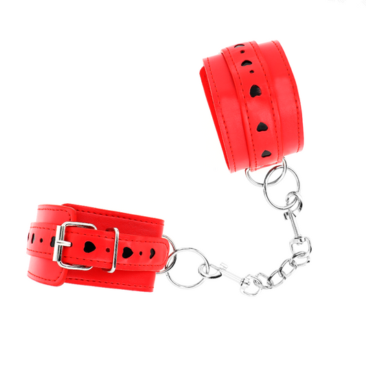 KINK - RED WRIST CUFF WITH BLACK HEART INSERT, ADJUSTABLE 21-28 CM X 5.5 CM