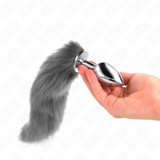 KINK - PLUG ANAL TAMAÑO L 10 X 4 CM CON COLA DE PLÁSTICO 40 CM GRIS Y BLANCO