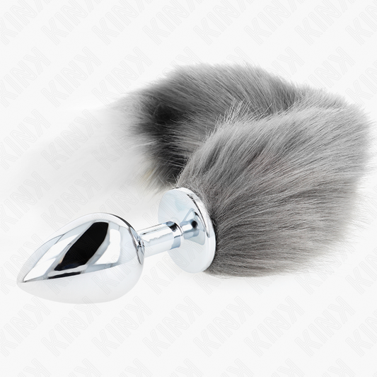 KINK - PLUG ANAL TAMAÑO L 10 X 4 CM CON COLA DE PLÁSTICO 40 CM GRIS Y BLANCO
