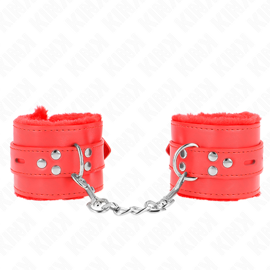 KINK - FUR-LINED WRIST CUFF WITH SQUARE HOLES, RED AND RED BELT, ADJUSTABLE 17-29 CM X 6 CM
