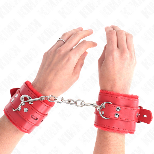 KINK - FUR-LINED WRIST CUFF WITH SQUARE HOLES, RED AND RED BELT, ADJUSTABLE 17-29 CM X 6 CM