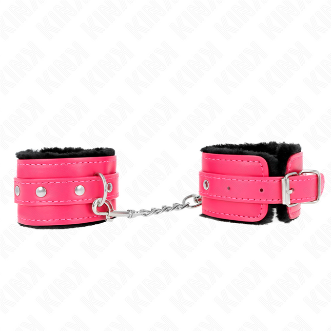 KINK - PUÑETAS DE MUÑECA PREMIUM CON FORRO DE PIEL NEGRO Y CINTURÓN ROSA FRAMBUESA AJUSTABLE 17-29 CM X 6 CM
