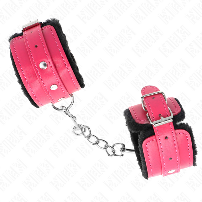 KINK - PUÑETAS DE MUÑECA PREMIUM CON FORRO DE PIEL NEGRO Y CINTURÓN ROSA FRAMBUESA AJUSTABLE 17-29 CM X 6 CM