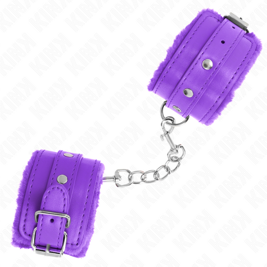 KINK - PUÑETAS DE MUÑECA PREMIUM FORRADAS DE PIEL, COLOR MORADO, CON CINTURÓN MORADO, AJUSTABLES 17-29 CM X 6 CM