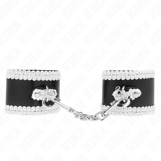 KINK - ESPOSAS NEGRAS CON ENCAJE BLANCO DECORADO, AJUSTABLES 20-23 CM X 5,5 CM