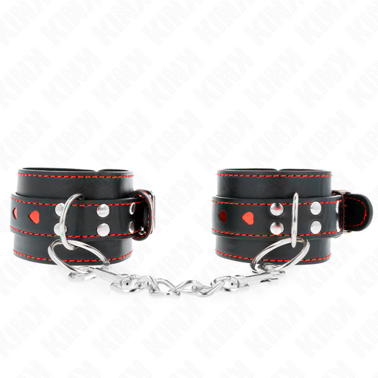 KINK - BLACK WRIST CUFFS WITH RED HEART INSERT, ADJUSTABLE 21-28 CM X 5.5 CM