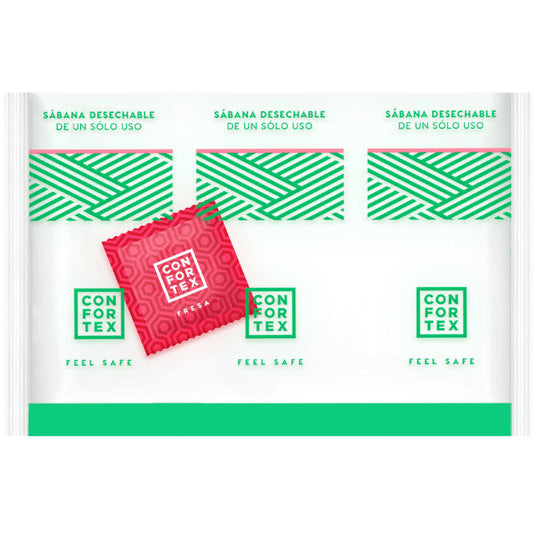 CONFORTEX - DISPOSABLE HYGIENIC SHEETS, INDIVIDUAL BAGS + STRAWBERRY CONDOM