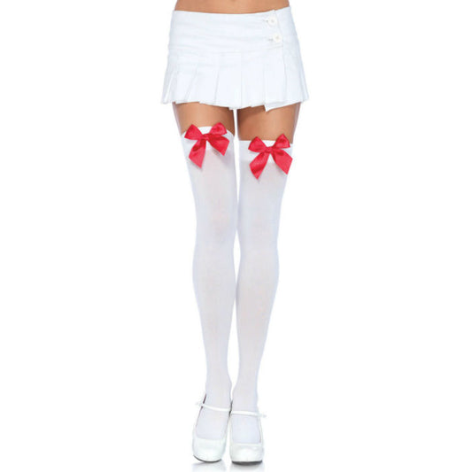 LEG AVENUE - MEDIAS ALTAS DE NYLON CON LAZO BLANCO/ROJO