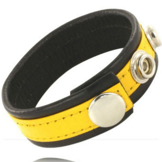 LEATHER BODY - COCK AND BALL BELT WITH SNAP - BLACK AND YELLOW