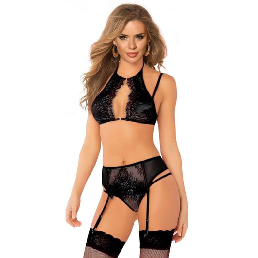 QUEEN LINGERIE - CONJUNTO DE SUJETADOR + LIGUERO Y TANGA TALLA S/M