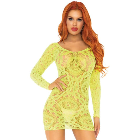 LEG AVENUE - CROCHET LACE LONG-SLEEVED MINI DRESS NEON ONE SIZE