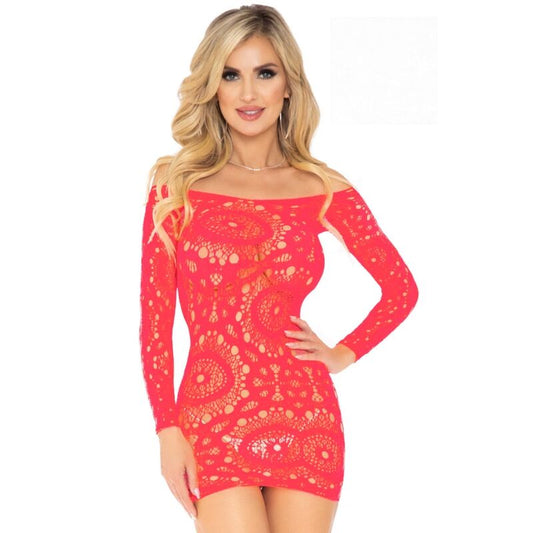 LEG AVENUE - LONG-SLEEVED CROCHET LACE MINI DRESS, RED, ONE SIZE