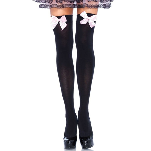 LEG AVENUE - TOP DE NYLON NEGRO CON LAZO ROSA, TALLA ÚNICA
