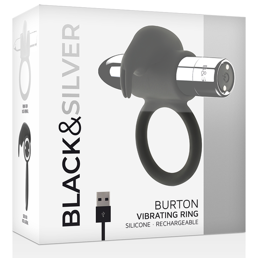 NEGRO Y PLATA - ANILLO RECARGABLE BURTON 10 MODOS DE VIBRACIÓN