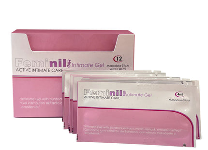 Rosa und weiße verpackung von feminil intimgel monodose sticks 500 cosmetics wasserbasierte schmiermittelwärmung