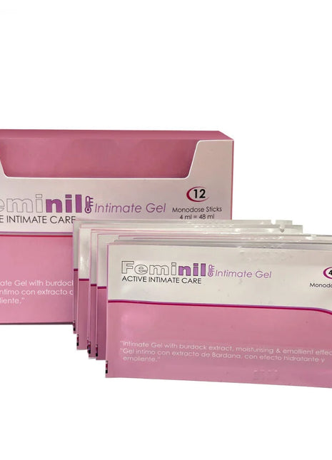 Rosa und weiße verpackung von feminil intimgel monodose sticks 500 cosmetics wasserbasierte schmiermittelwärmung