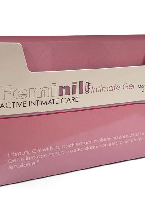 Rosa und cremefarbener karton feminil intimate gel mit 12 monodosen für 500 cosmetics wasserbasiertes gleitgel