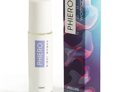 Weiße zylindrische roll-on-parfumflasche phiero nacht frau 10ml mit klarem glas und weißem verschluss neben bunter verpackung