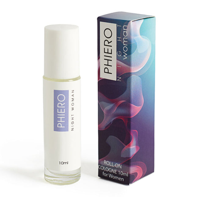 Weiße zylindrische roll-on-parfumflasche phiero nacht frau 10ml mit klarem glas und weißem verschluss neben bunter verpackung