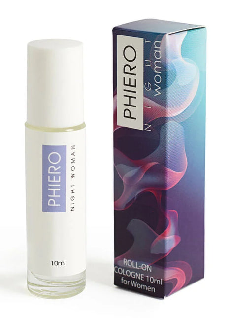 Weiße zylindrische roll-on-parfumflasche phiero nacht frau 10ml mit klarem glas und weißem verschluss neben bunter verpackung