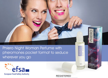 Ein weißer roll-on parfumflakon mit klarem glas und silberner kappe namens phiero night woman neben bunter verpackung