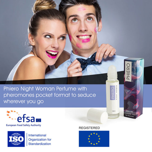 Ein weißer roll-on parfumflakon mit klarem glas und silberner kappe namens phiero night woman neben bunter verpackung