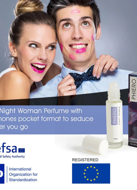 Ein weißer roll-on parfumflakon mit klarem glas und silberner kappe namens phiero night woman neben bunter verpackung