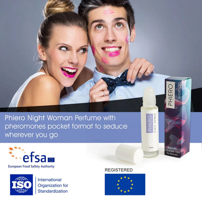 Ein weißer roll-on parfumflakon mit klarem glas und silberner kappe namens phiero night woman neben bunter verpackung