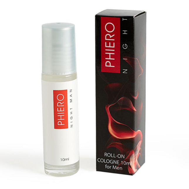 Ein schlanker weißer roll-on cologne flakon mit silberkappe und roter markierung phiero night man 10ml neben schwarzer box mit roten abstrakten wirbeln