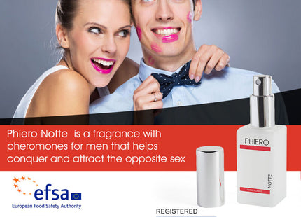 Weiße rechteckige parfumbottle mit silberner sprühdüse und rotem branding für 500 cosmetics phiero notte parfum mit pheromonen für männer