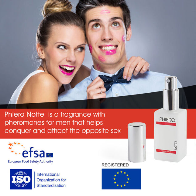 Weiße rechteckige parfumbottle mit silberner sprühdüse und rotem branding für 500 cosmetics phiero notte parfum mit pheromonen für männer