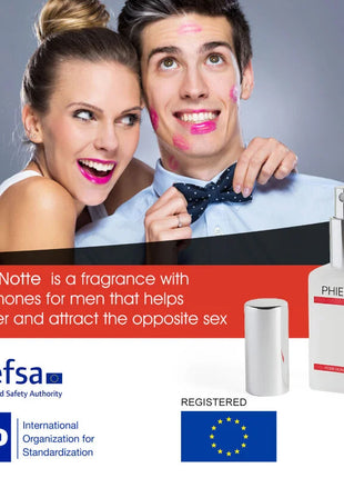 Weiße rechteckige parfumbottle mit silberner sprühdüse und rotem branding für 500 cosmetics phiero notte parfum mit pheromonen für männer