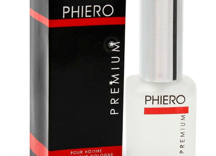Weiße glasflasche mit silbernem deckel und roten akzenten von phero premium pour homme parfum mit pheromonen für männer