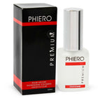 Weiße glasflasche mit silbernem deckel und roten akzenten von phero premium pour homme parfum mit pheromonen für männer