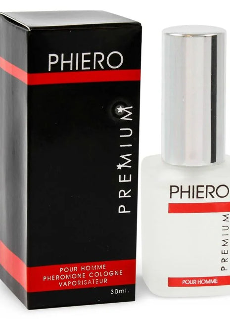 Weiße glasflasche mit silbernem deckel und roten akzenten von phero premium pour homme parfum mit pheromonen für männer