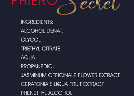 Bild der rückseite des 500 cosmetics - phiero secret natürliche geruchslose kombination weiblicher sexhormone 15 ml mit dunkelblauem etikett und goldroter zutatenliste