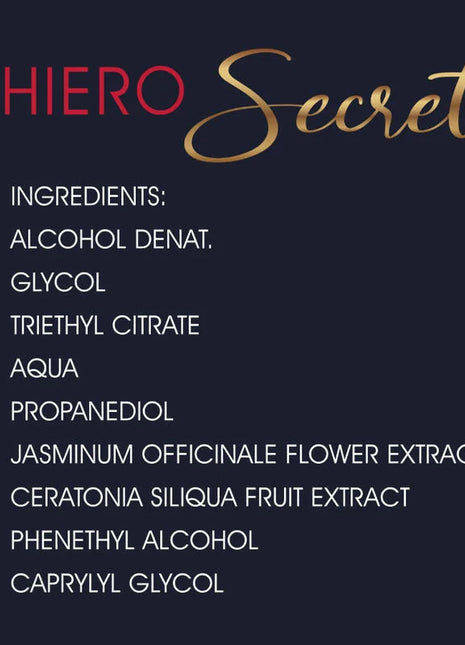 Bild der rückseite des 500 cosmetics - phiero secret natürliche geruchslose kombination weiblicher sexhormone 15 ml mit dunkelblauem etikett und goldroter zutatenliste