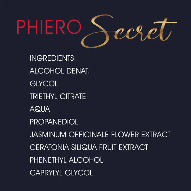 Bild der rückseite des 500 cosmetics - phiero secret natürliche geruchslose kombination weiblicher sexhormone 15 ml mit dunkelblauem etikett und goldroter zutatenliste