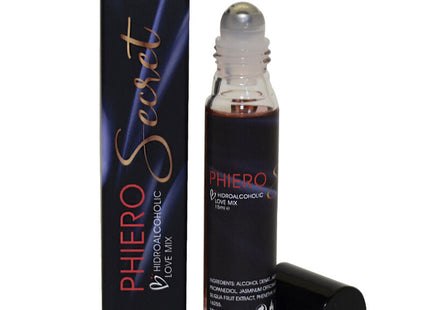 Ein eleganter schwarzer roll-on mit klarem glasflakon und silberkappe, phero secret 15 ml hydroalkoholische liebe-mischung