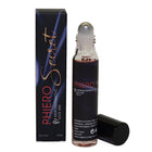 Ein eleganter schwarzer roll-on mit klarem glasflakon und silberkappe, phero secret 15 ml hydroalkoholische liebe-mischung
