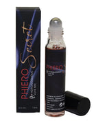 Ein eleganter schwarzer roll-on mit klarem glasflakon und silberkappe, phero secret 15 ml hydroalkoholische liebe-mischung