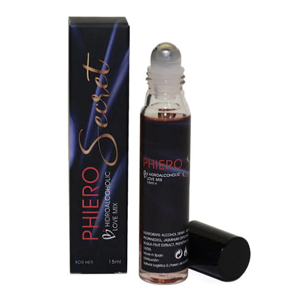 Ein eleganter schwarzer roll-on mit klarem glasflakon und silberkappe, phero secret 15 ml hydroalkoholische liebe-mischung